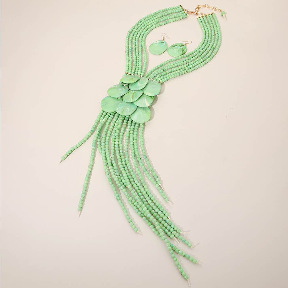 Lime Bold Layered Fringe Beaded Statement Necklace Set M H W ACCESSORIES LLC Lime Bold Layered Fringe Beaded Statement Necklace Set