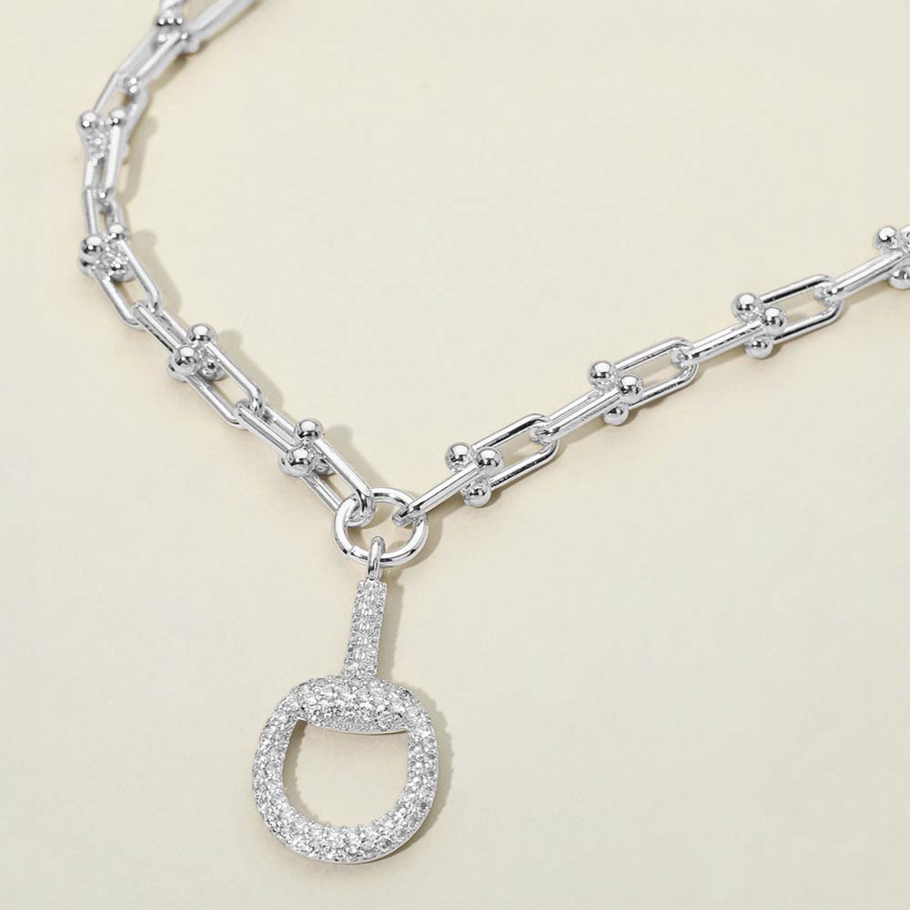 14K White Gold Plated Chunky Industrial Chain CZ Pave Half Horsebit Pendant Necklace M H W ACCESSORIES LLC 14K White Gold Plated Chunky Industrial Chain CZ Pave Half Horsebit Pendant Necklace
