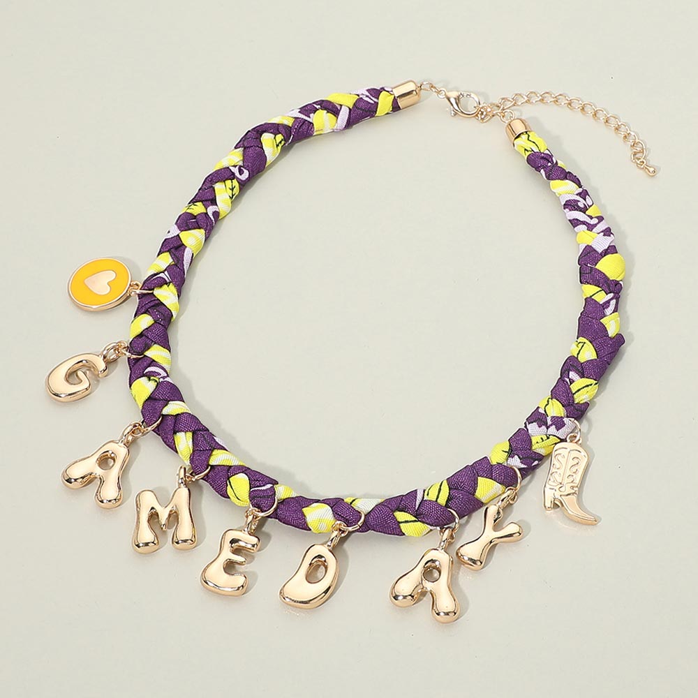 Purple & Gold Western GAME DAY Charm Fabric Braided Statement Necklace M H W ACCESSORIES LLC Purple & Gold Western GAME DAY Charm Fabric Braided Statement Necklace