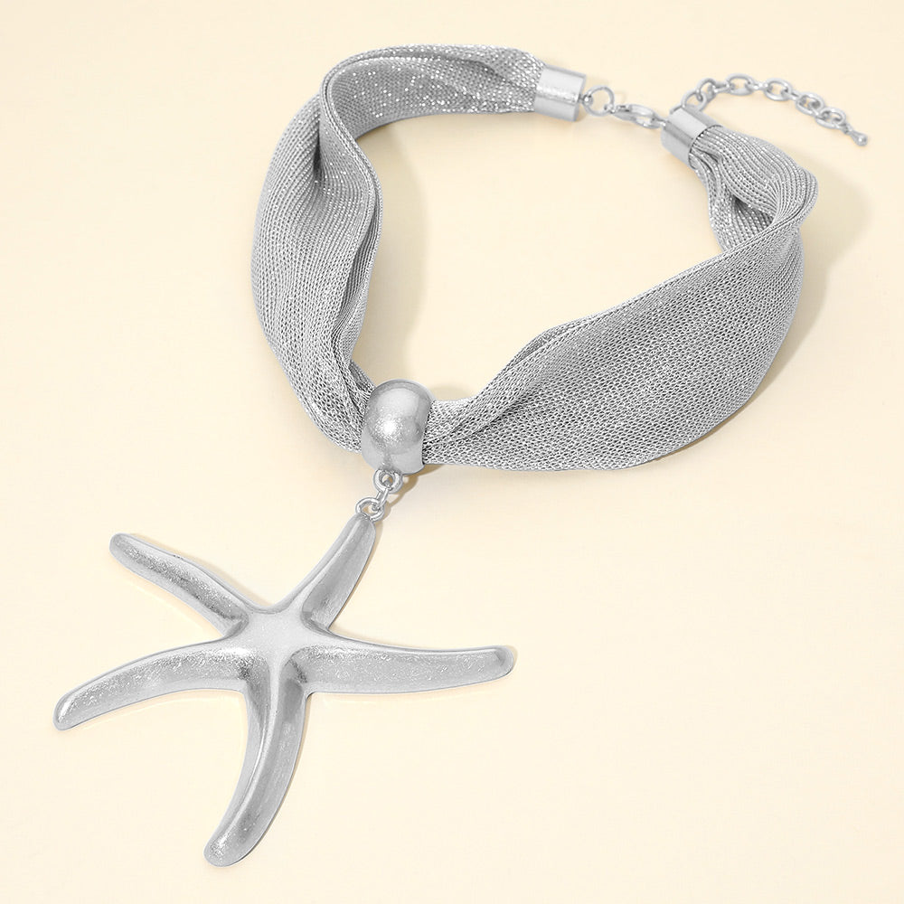 Bold Brushed Metal Starfish Pendant Mesh Statement Necklace M H W ACCESSORIES LLC Bold Brushed Metal Starfish Pendant Mesh Statement Necklace