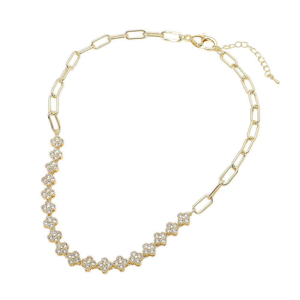 14K Gold Plated CZ Pave Row Of Quatrefoil Charm Paperclip Chain Link Necklace M H W ACCESSORIES LLC 14K Gold Plated CZ Pave Row Of Quatrefoil Charm Paperclip Chain Link Necklace