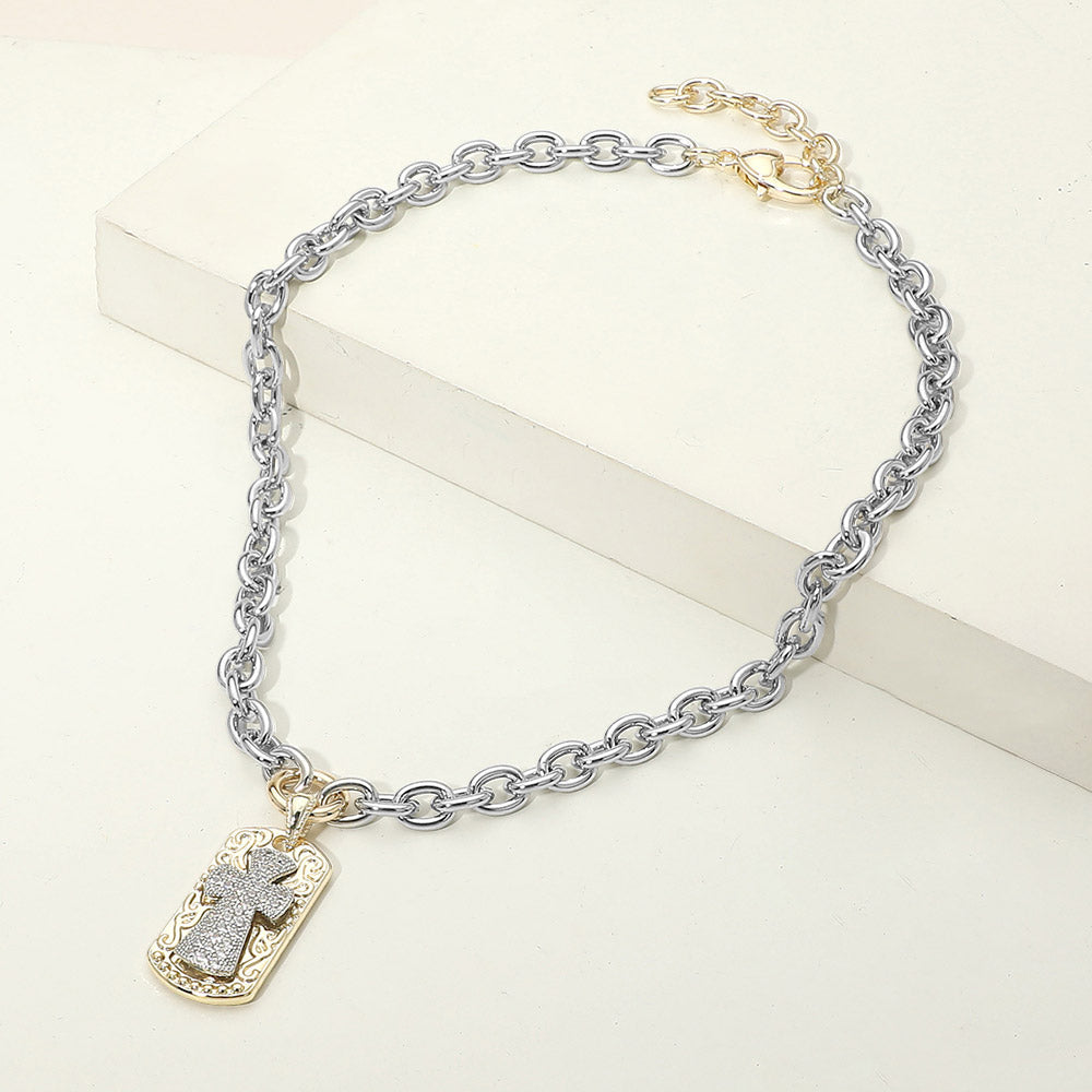 14K Gold Plated Two Tone CZ Pave Cross Tag Charm Chunky Chain Necklace M H W ACCESSORIES LLC 14K Gold Plated Two Tone CZ Pave Cross Tag Charm Chunky Chain Necklace