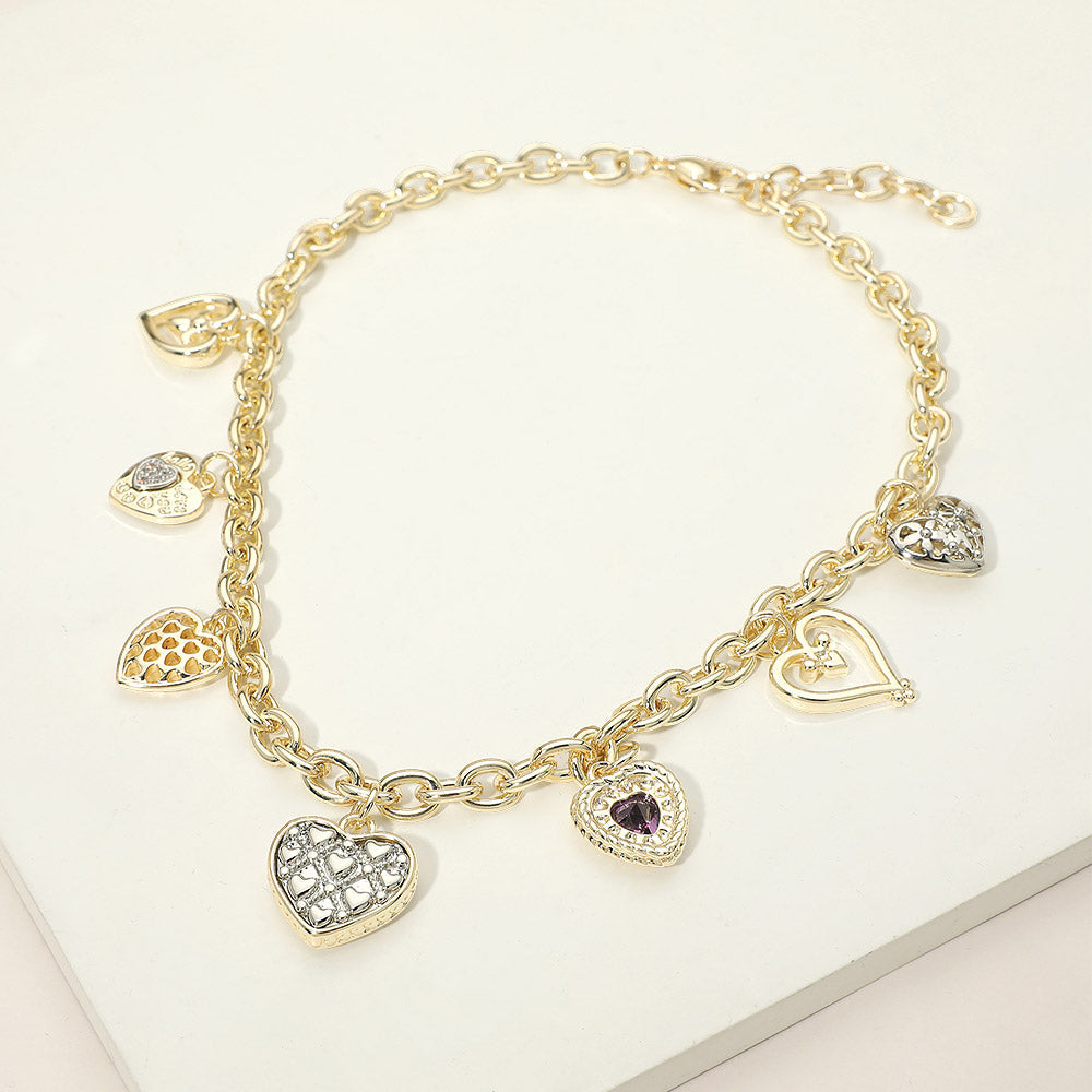 14K Gold Plated CZ Heart Charm Station Necklace M H W ACCESSORIES LLC 14K Gold Plated CZ Heart Charm Station Necklace