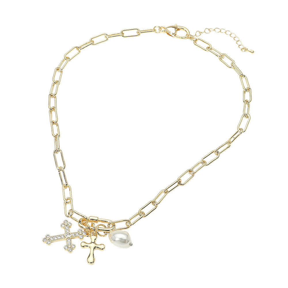 14K Gold Plated Carabiner CZ Pave Cross Peral Charm Pendant Paperclip Chain Necklace M H W ACCESSORIES LLC 14K Gold Plated Carabiner CZ Pave Cross Peral Charm Pendant Paperclip Chain Necklace
