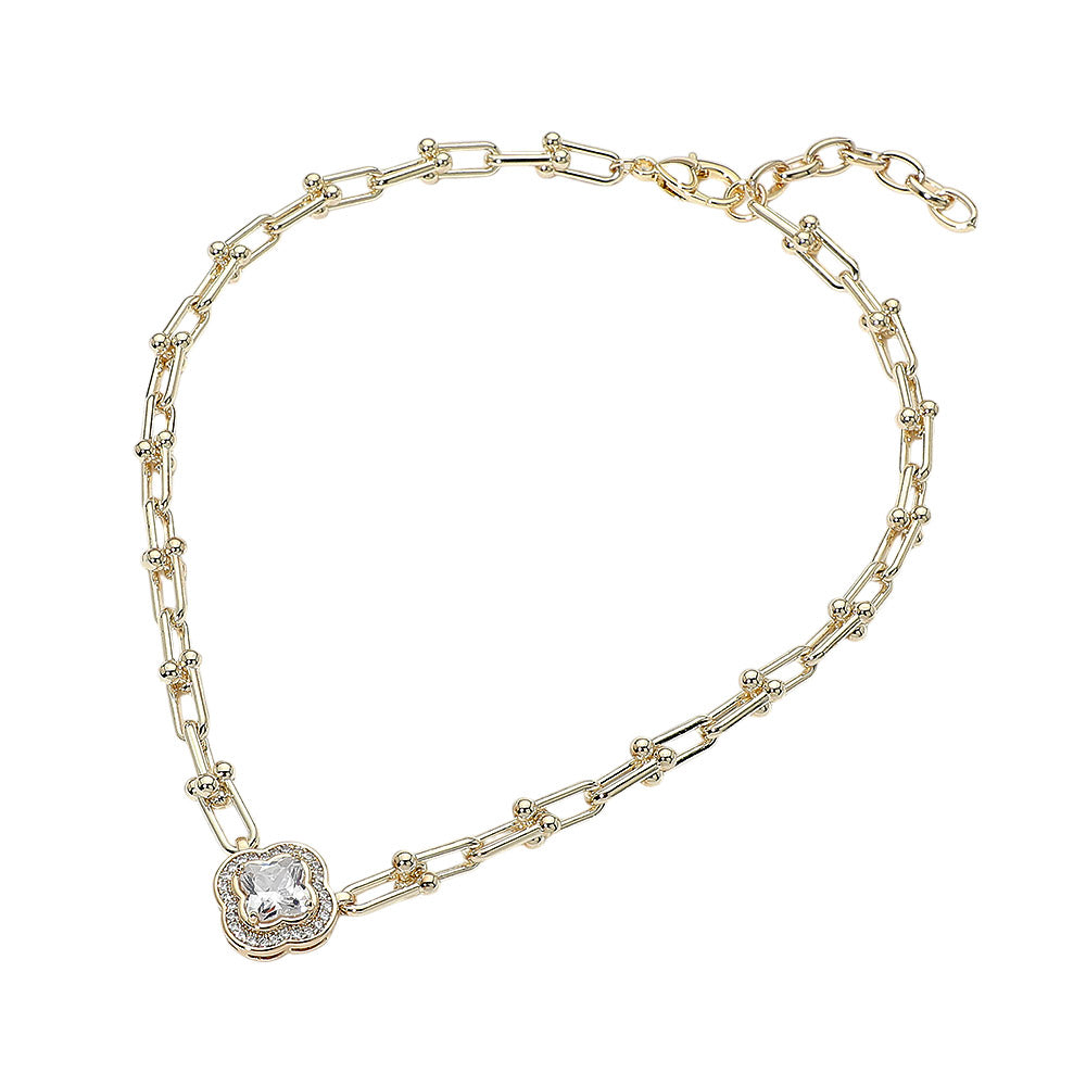 14K Gold Plated Quatrefoil CZ Charm Accent Industrial Link Necklace M H W ACCESSORIES LLC 14K Gold Plated Quatrefoil CZ Charm Accent Industrial Link Necklace