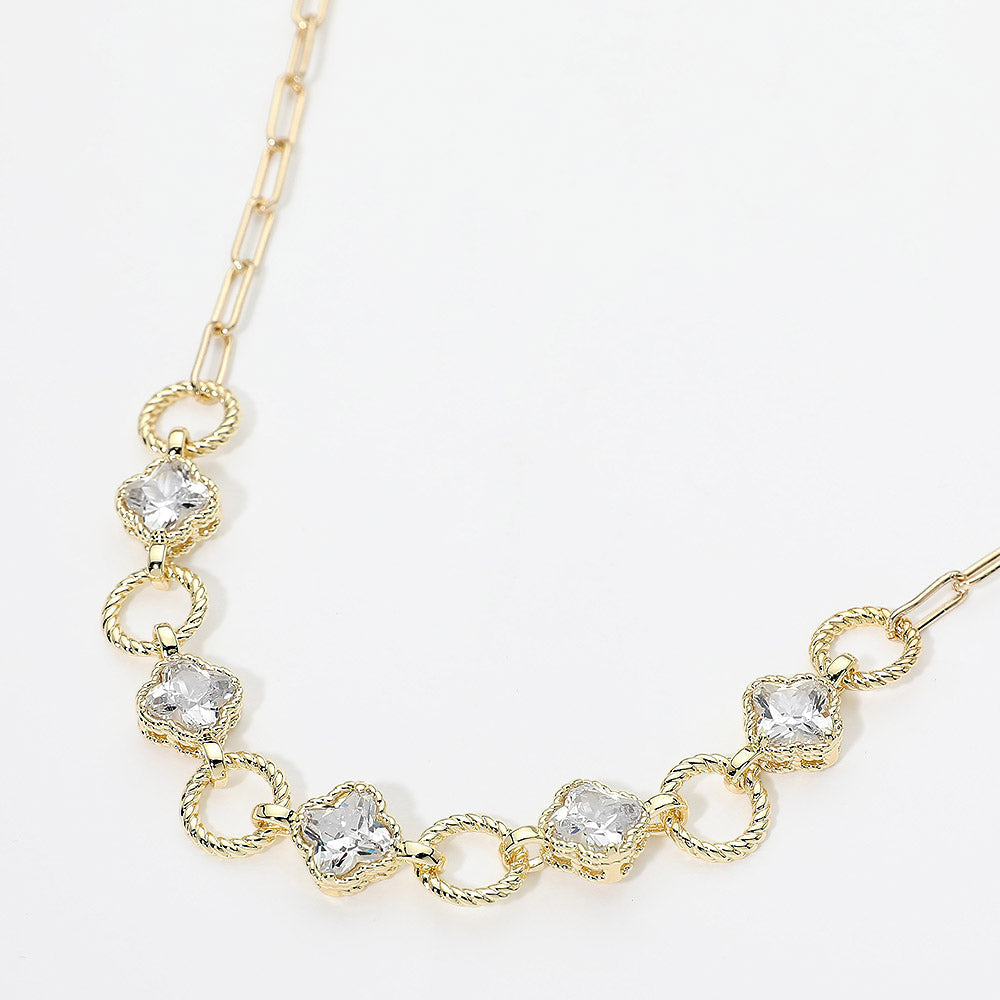 14K Gold Plated CZ Quatrefoil Textured Ring Link Toggle Necklace M H W ACCESSORIES LLC 14K Gold Plated CZ Quatrefoil Textured Ring Link Toggle Necklace