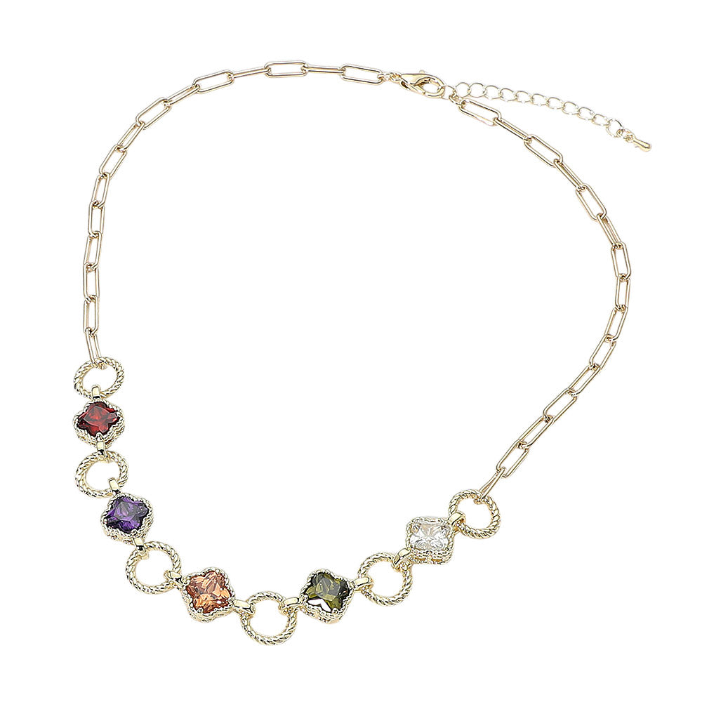 14K Gold Plated Multi-Color CZ Quatrefoil Textured Ring Link Toggle Necklace