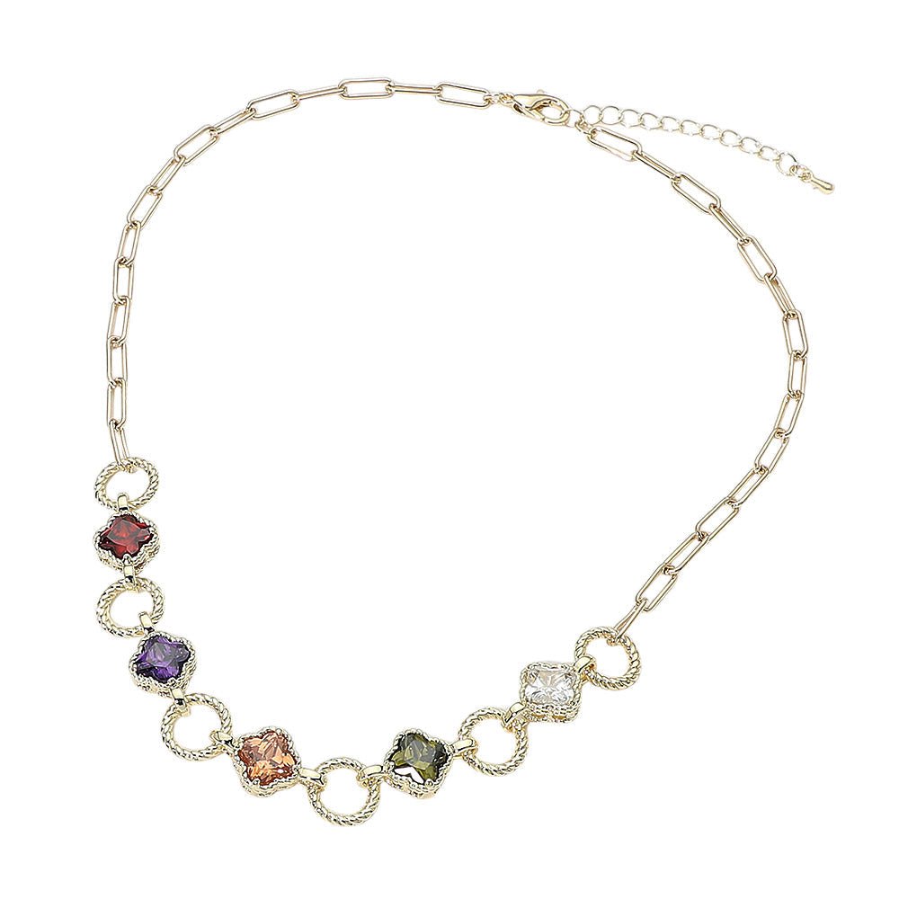 14K Gold Plated Multi-Color CZ Quatrefoil Textured Ring Link Toggle Necklace M H W ACCESSORIES LLC 14K Gold Plated Multi-Color CZ Quatrefoil Textured Ring Link Toggle Necklace