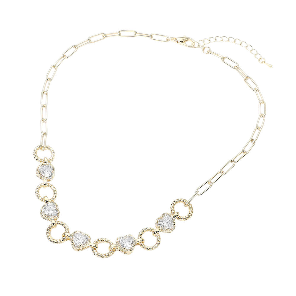 14K Gold Plated CZ Pave Heart Link Paperclip Chain Necklace