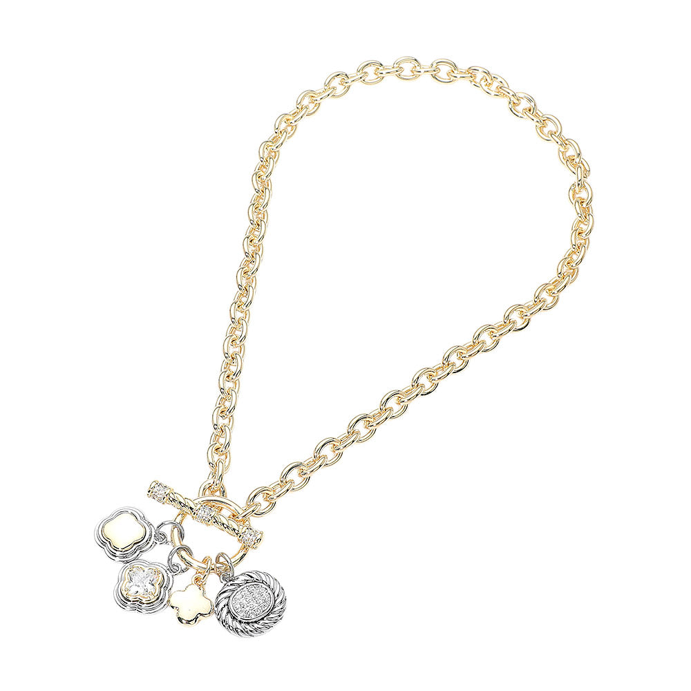 14K Gold Plated Two Tone CZ Quatrefoil Oval Multi Charm Toggle Necklace
