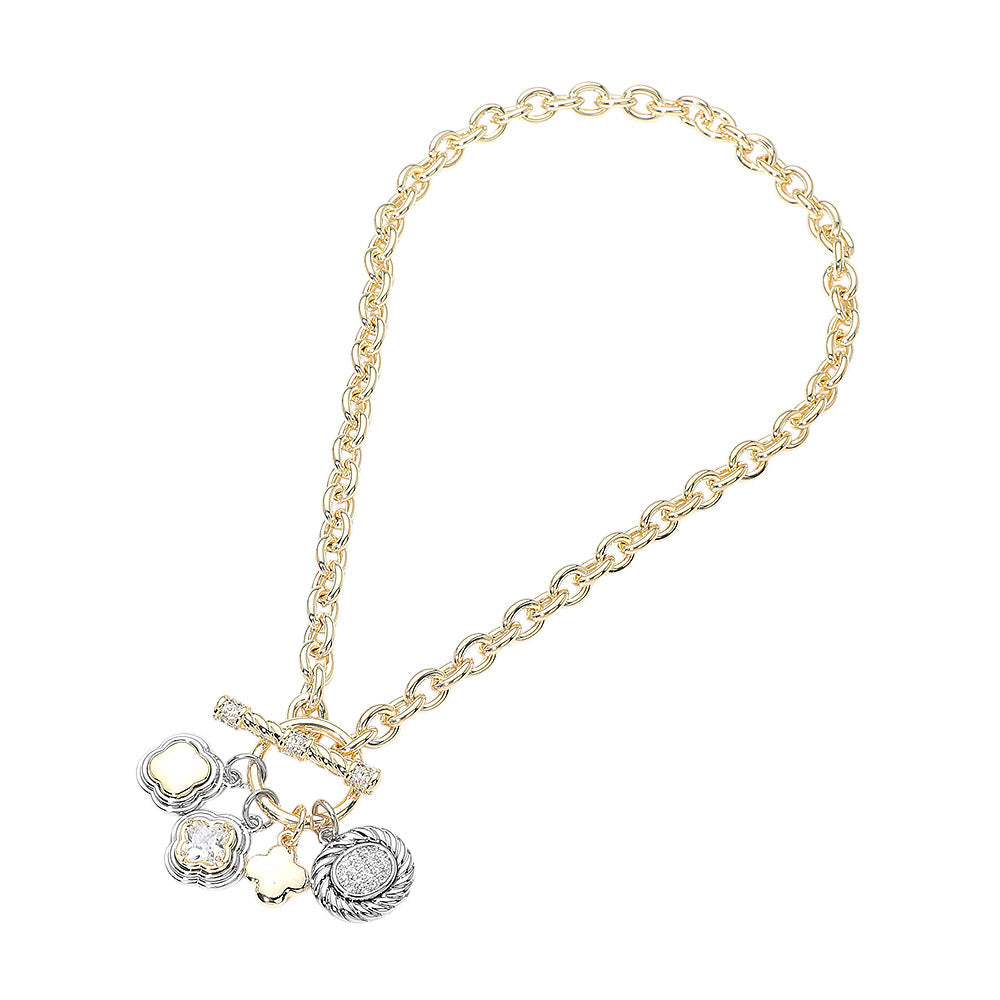 14K Gold Plated Two Tone CZ Quatrefoil Oval Multi Charm Toggle Necklace M H W ACCESSORIES LLC 14K Gold Plated Two Tone CZ Quatrefoil Oval Multi Charm Toggle Necklace