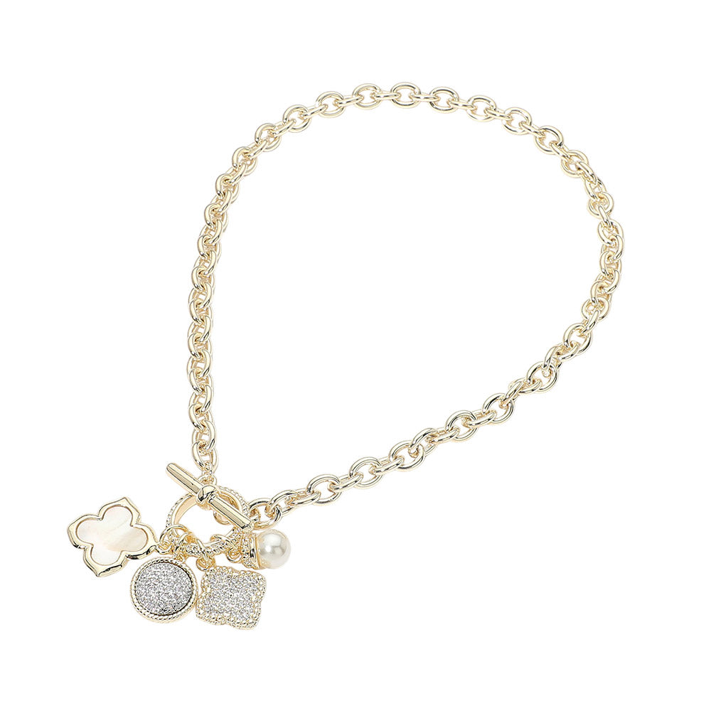 14K Gold Plated CZ Pave Quatrefoil Pearl Floral Charm Pendant Toggle Necklace