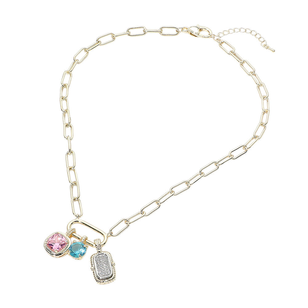 14K Gold Plated CZ Charm Accent Oval Link Necklace M H W ACCESSORIES LLC 14K Gold Plated CZ Charm Accent Oval Link Necklace