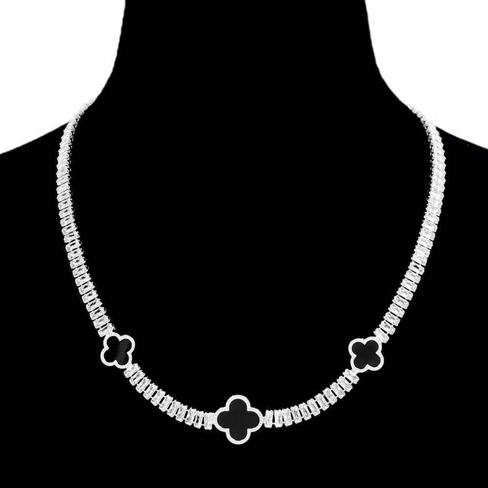 Quatrefoil Rhodium Charm Station CZ Baguette Cluster Link Necklace M H W ACCESSORIES LLC Quatrefoil Rhodium Charm Station CZ Baguette Cluster Link Necklace