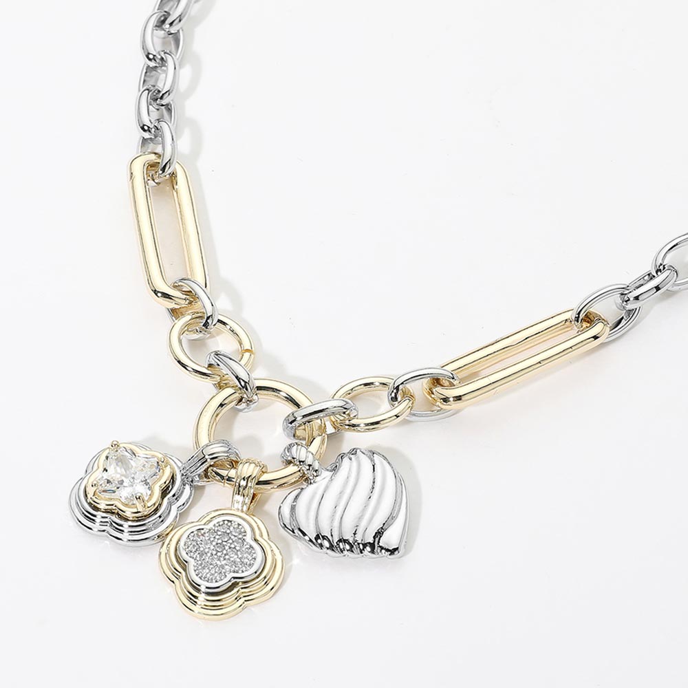 14K Gold Plated Two Tone CZ Quatrefoil Textured Metal Heart Charm Pendant Necklace M H W ACCESSORIES LLC 14K Gold Plated Two Tone CZ Quatrefoil Textured Metal Heart Charm Pendant Necklace