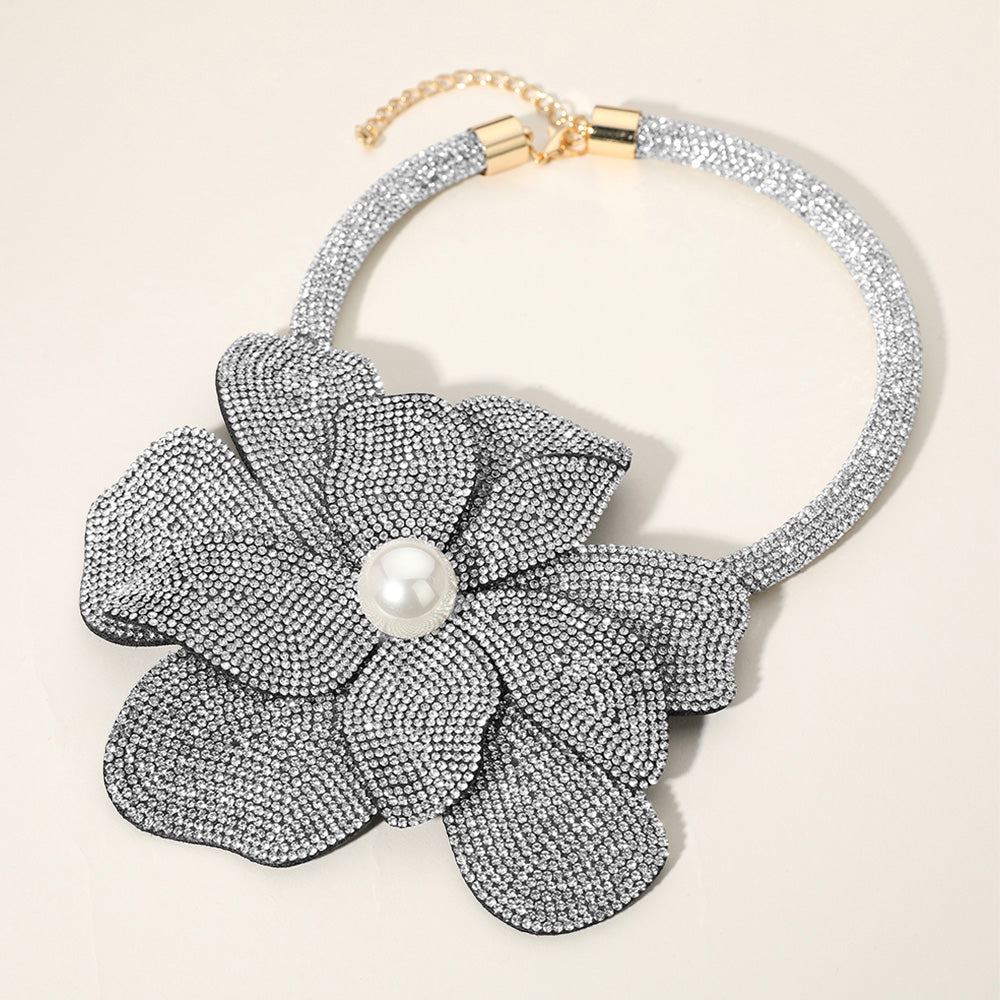 Silver Pearl Centered Bling Studded Oversized Flower Necklace - M H W ACCESSORIES LLC