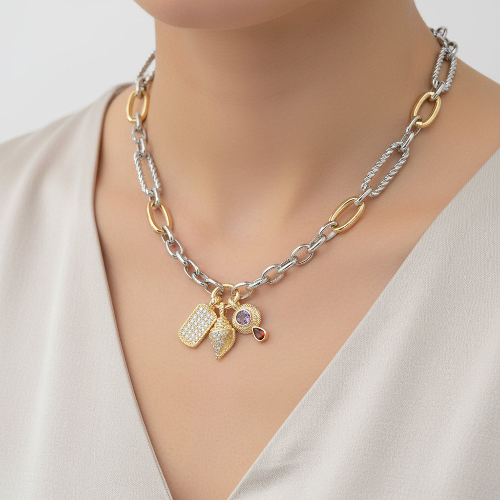 14K Gold Plated Two Tone CZ Dog Tag Conch Shell Charm Pendant Necklace M H W ACCESSORIES LLC 14K Gold Plated Two Tone CZ Dog Tag Conch Shell Charm Pendant Necklace