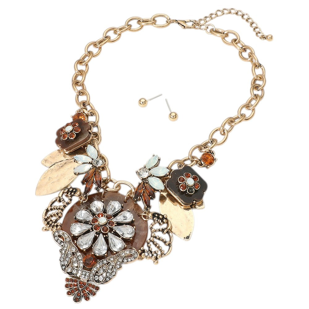 Flower Brown & Gold Embellished Resin Pendant Statement Necklace - M H W ACCESSORIES LLC