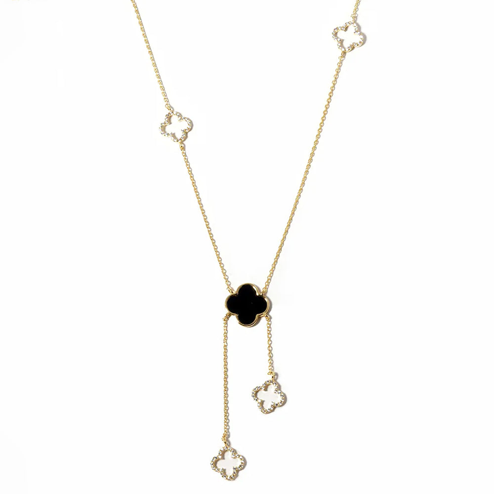 Gold Dipped CZ Pave Quatrefoil Charm Drop Necklace M H W ACCESSORIES LLC Gold Dipped CZ Pave Quatrefoil Charm Drop Necklace
