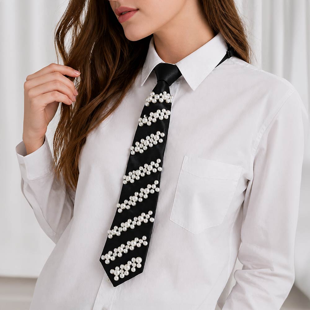 Black Pearl Embellished Adjustable Tie Necklace M H W ACCESSORIES LLC Black Pearl Embellished Adjustable Tie Necklace