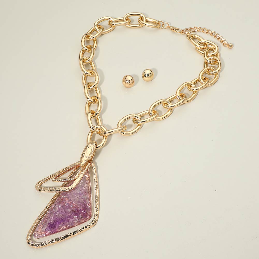 Bold Geometric Purple Resin Pendant Chunky Chain Statement Necklace M H W ACCESSORIES LLC Bold Geometric Purple Resin Pendant Chunky Chain Statement Necklace