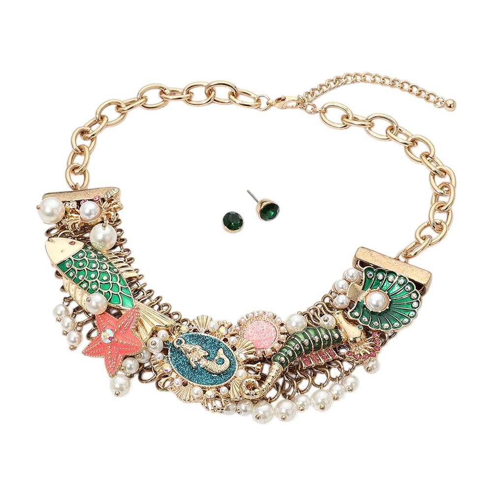 Pearl Embellished Ocean Theme Starfish Fish Seahorse Shell Statement Necklace M H W ACCESSORIES LLC Pearl Embellished Ocean Theme Starfish Fish Seahorse Shell Statement Necklace