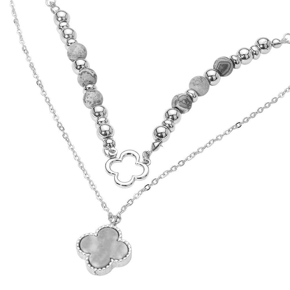 Gray Layered Quatrefoil Pendant Accent Necklace