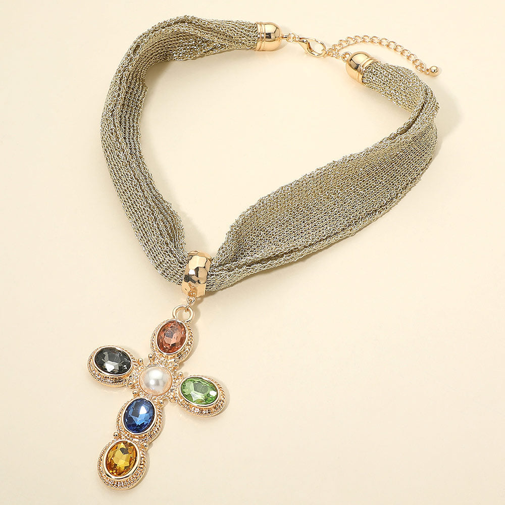 Pearl Center Oval Embellished Gold Tone Cross Pendant Accent Mesh Chain Statement Necklace M H W ACCESSORIES LLC Pearl Center Oval Embellished Gold Tone Cross Pendant Accent Mesh Chain Statement Necklace
