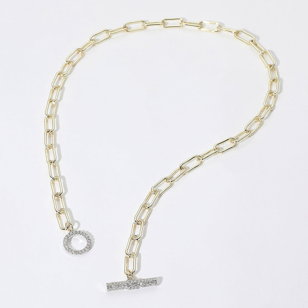 14K Gold Plated CZ Stone Paved Toggle Paperclip Chain Necklace