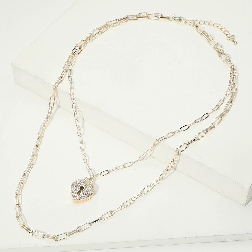 14K Gold Plated CZ Pave Heart Lock Pendant Accent Paperclip Chain Layered Necklace M H W ACCESSORIES LLC 14K Gold Plated CZ Pave Heart Lock Pendant Accent Paperclip Chain Layered Necklace