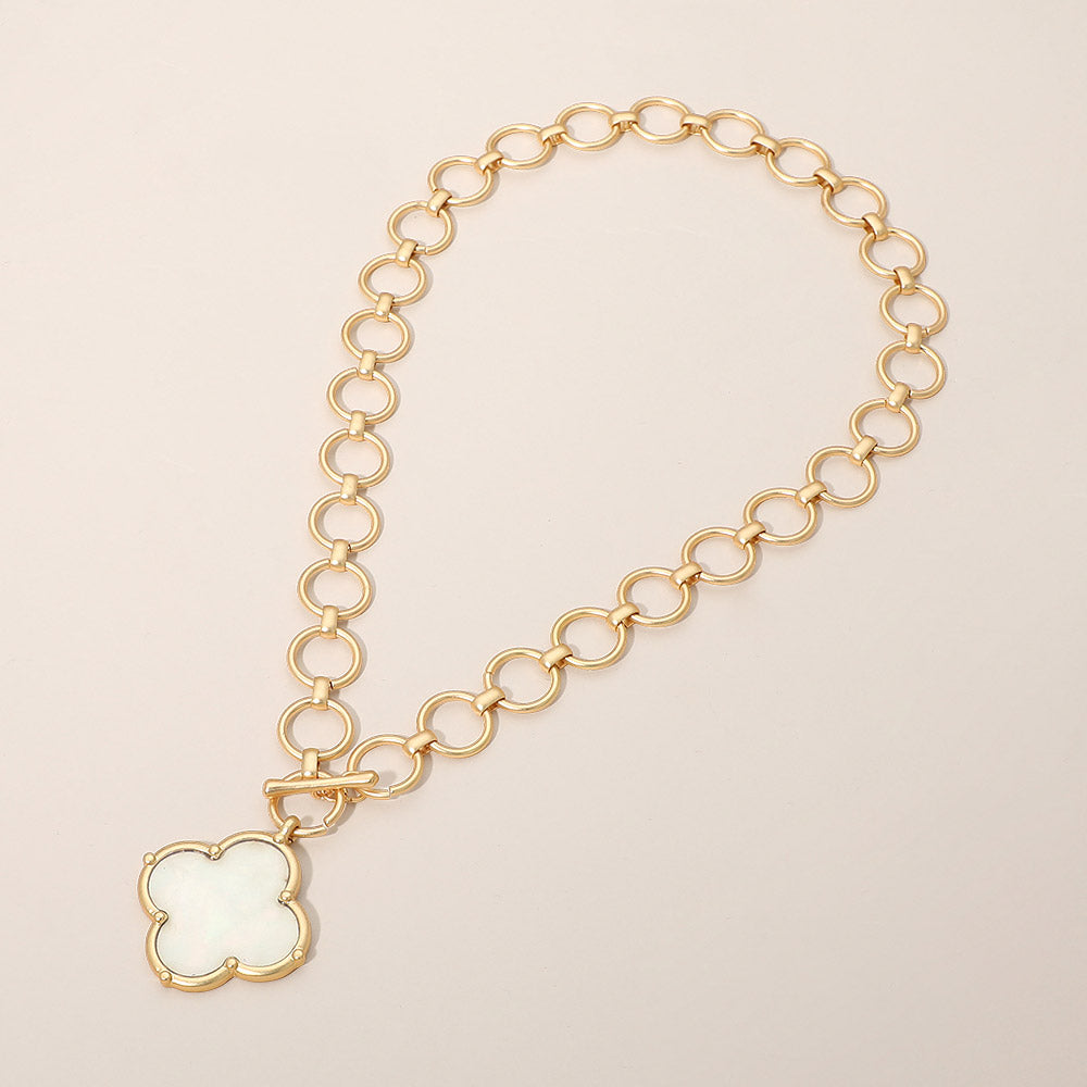 Quatrefoil Pendant Accent Ring Chain Link Toggle Necklace M H W ACCESSORIES LLC Quatrefoil Pendant Accent Ring Chain Link Toggle Necklace