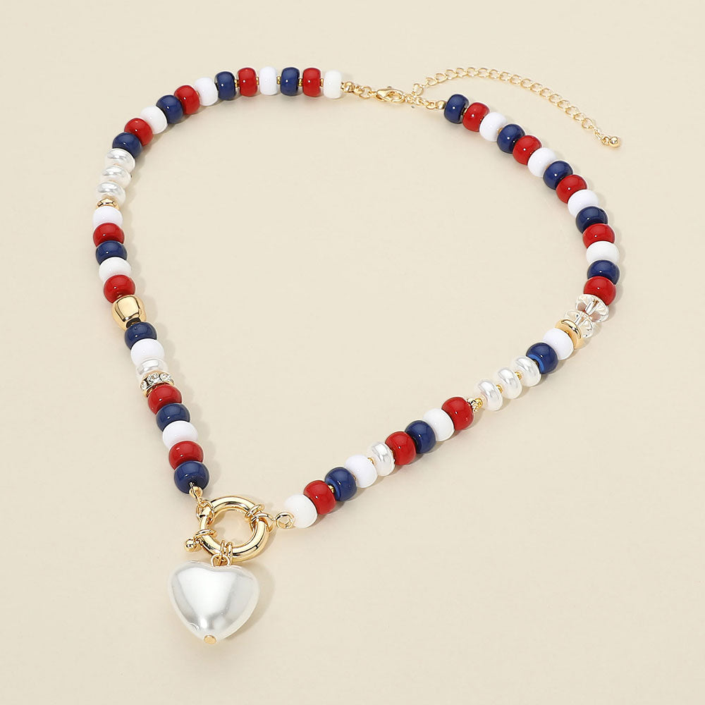 Pearl Heart Charm Accent Patriotic Beaded Necklace M H W ACCESSORIES LLC Pearl Heart Charm Accent Patriotic Beaded Necklace