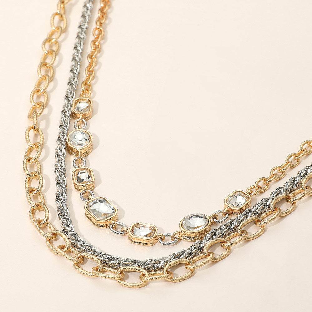 Two-Tone Oval Rectangular Stone Cluster Link Accent Chunky Metal Chain Layered Necklace (Copy)