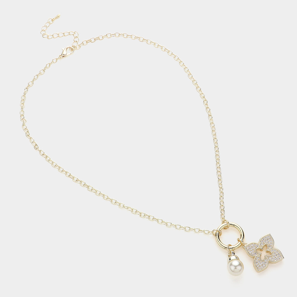 14K Gold Plated CZ Stone Paved Clover Natural Pearl Charm Pendant Necklace M H W ACCESSORIES LLC 14K Gold Plated CZ Stone Paved Clover Natural Pearl Charm Pendant Necklace