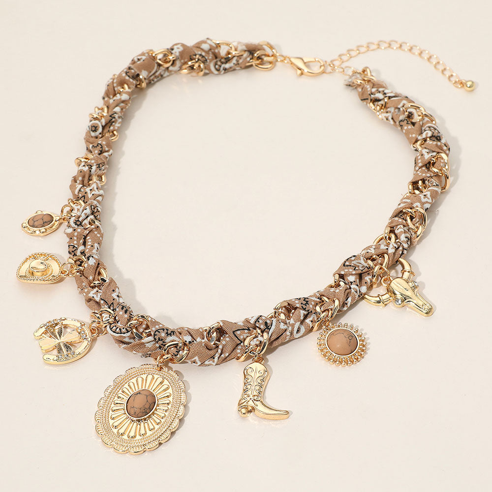 WESTERN CONCH BEIGE MULTI CHARM BANDANA BRAIDED NECKLACE
