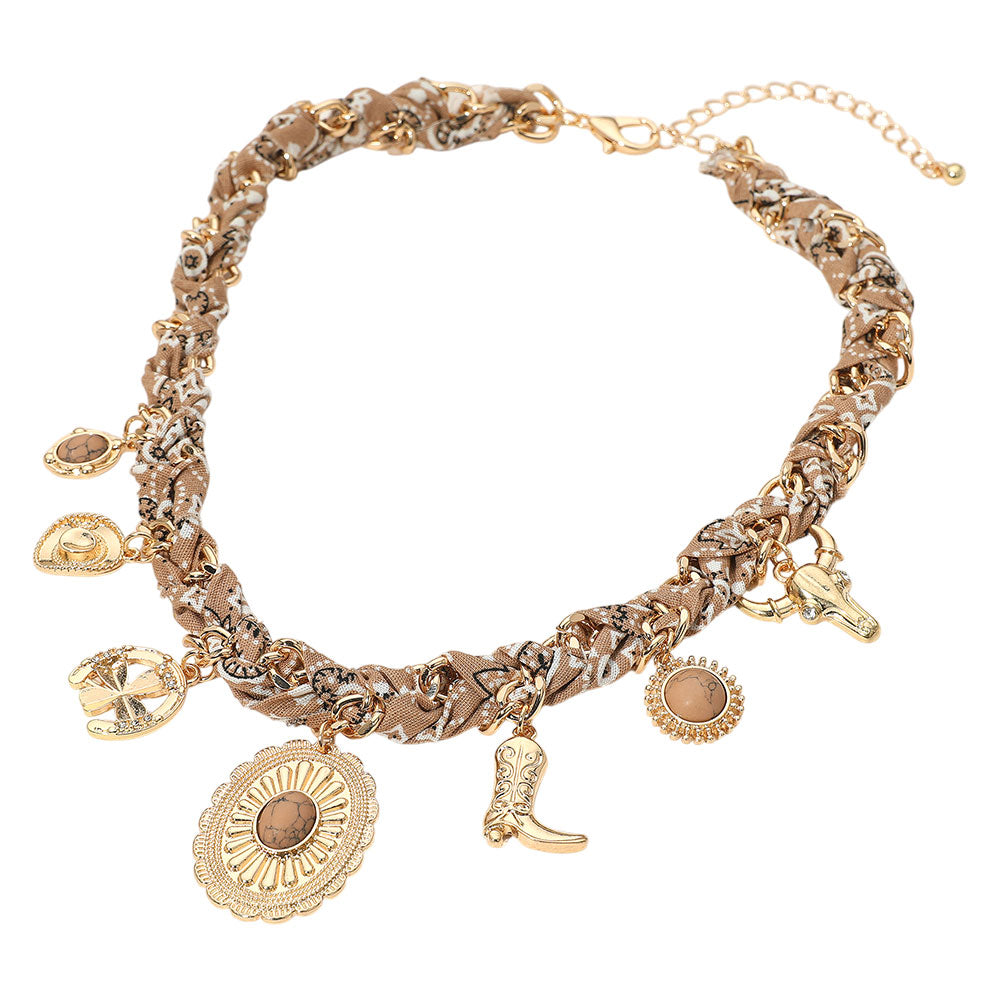 WESTERN CONCH BEIGE MULTI CHARM BANDANA BRAIDED NECKLACE