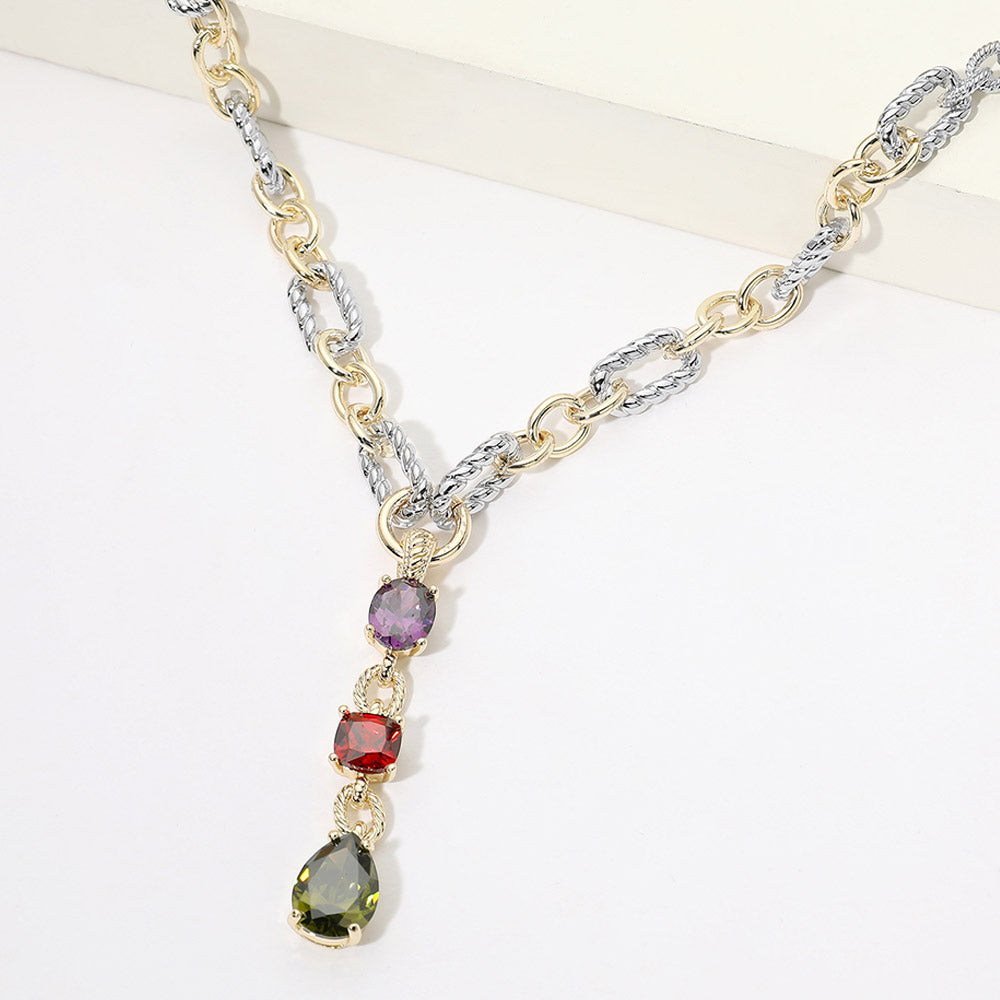 14K Gold Plated Two Tone Colorful Mixed Shape CZ Link Drop Necklace M H W ACCESSORIES LLC 14K Gold Plated Two Tone Colorful Mixed Shape CZ Link Drop Necklace