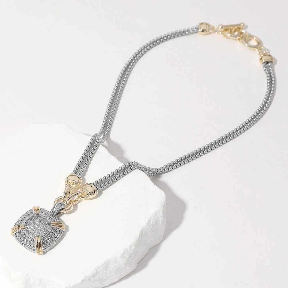 14K Gold Plated Two Tone CZ Stone Paved Square Pendant Double Chain Necklace