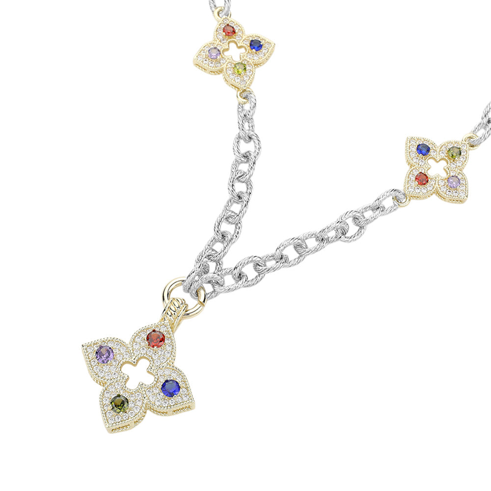 14K Gold Plated Two Tone CZ Stone Paved Clover Pointed Chunky Chain Necklace M H W ACCESSORIES LLC 14K Gold Plated Two Tone CZ Stone Paved Clover Pointed Chunky Chain Necklace