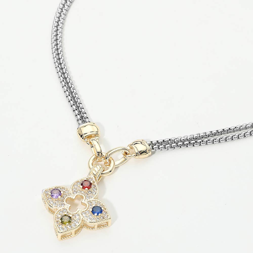 14K Gold Plated Colorful CZ Floral Pendant Double Chain Necklace M H W ACCESSORIES LLC 14K Gold Plated Colorful CZ Floral Pendant Double Chain Necklace