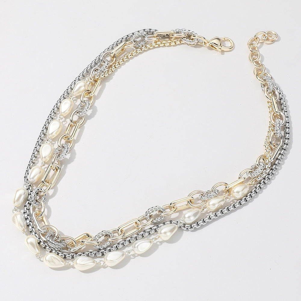 14K Gold Plated Two Tone Chunky Chain Box Chain Pearl Chain Layered Necklace