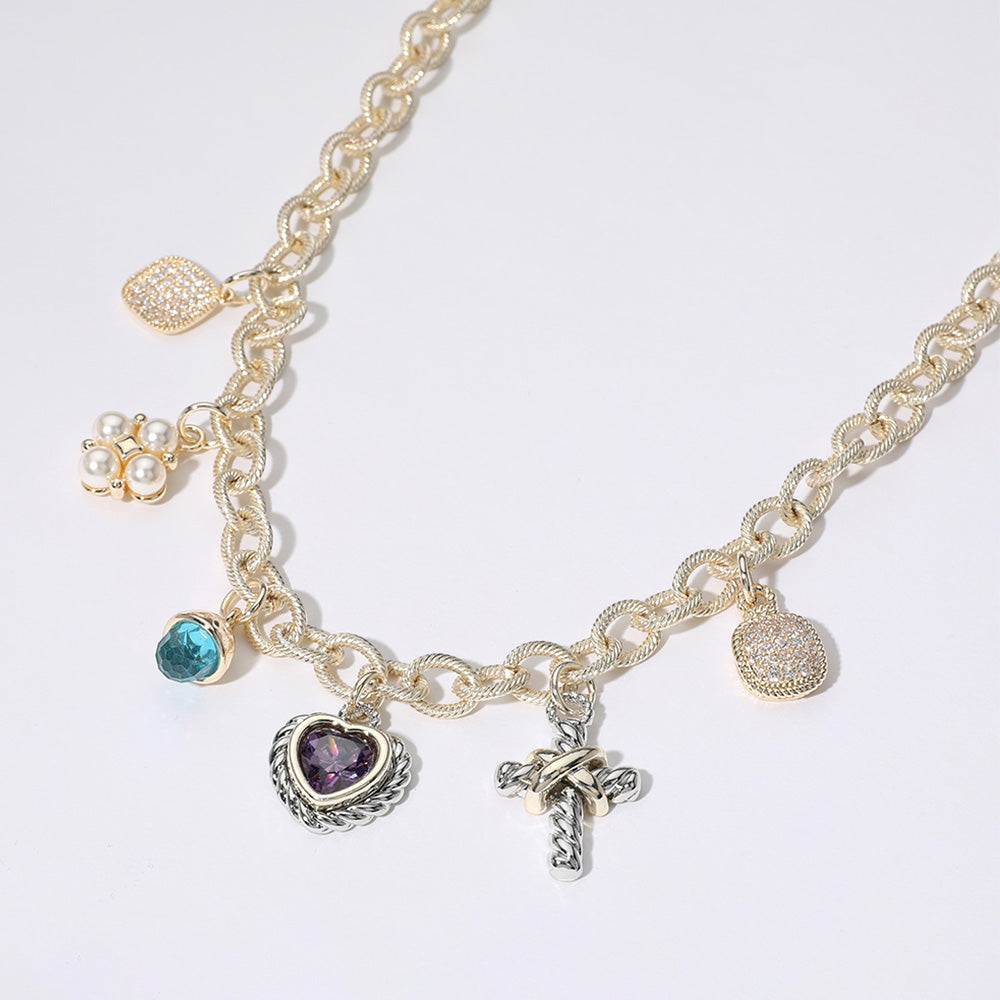 14K Gold Plated CZ Heart Stone Pearl Cluster Metal Cross Charm Station Necklace M H W ACCESSORIES LLC 14K Gold Plated CZ Heart Stone Pearl Cluster Metal Cross Charm Station Necklace