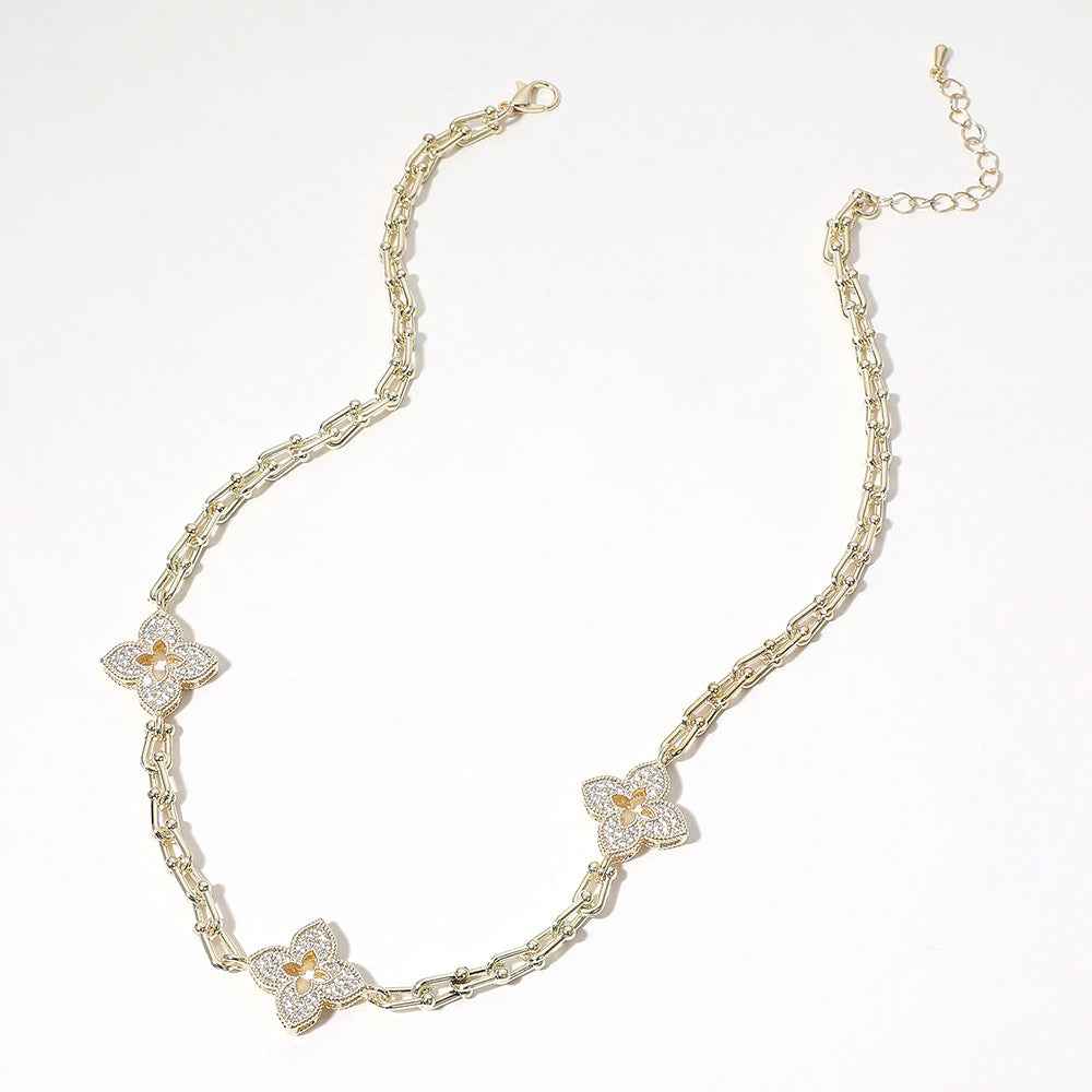 14K Gold Plated CZ Stone Paved Clover Station Necklace