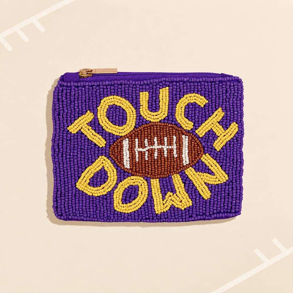 TOUCH DOWN Football Game Day Purple & Yellow Seed Beaded Mini Pouch Bag M H W ACCESSORIES LLC TOUCH DOWN Football Game Day Purple & Yellow Seed Beaded Mini Pouch Bag