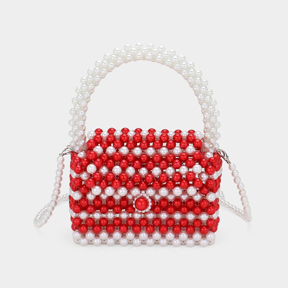Red & White Pearl Beaded Mini Top Handle Handbag / Crossbody Bag