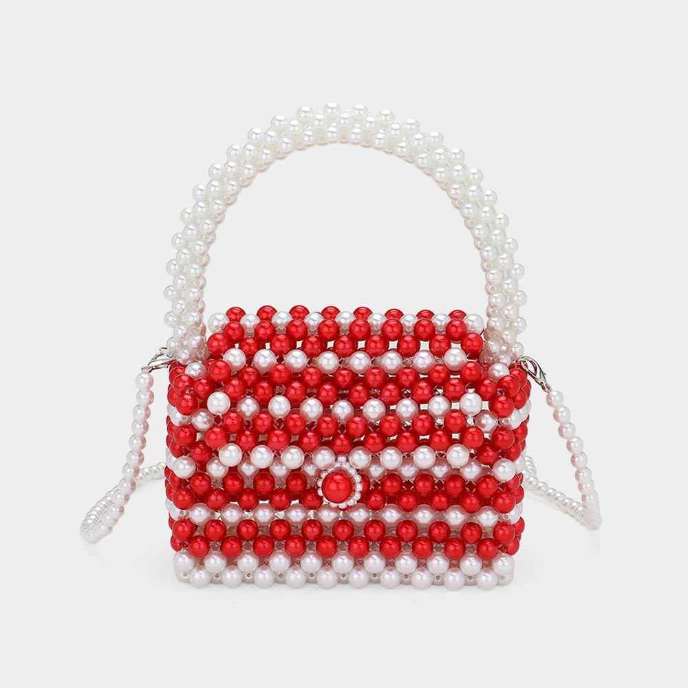 Red & White Pearl Beaded Mini Top Handle Handbag / Crossbody Bag