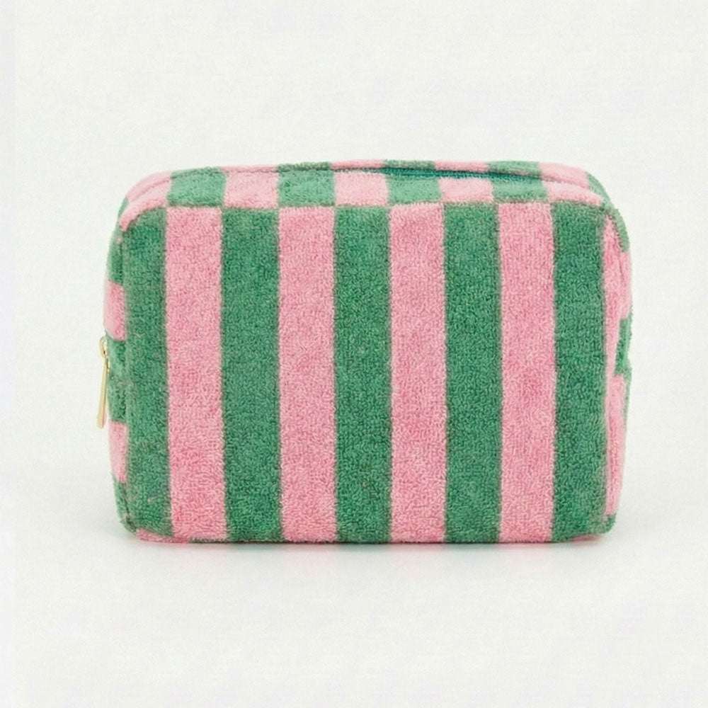 Pink & Green Striped Terry Cloth Cosmetic Pouch Bag M H W ACCESSORIES LLC Pink & Green Striped Terry Cloth Cosmetic Pouch Bag
