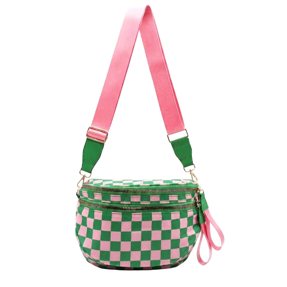 Pink & Green Checkered Pattern Crossbody Bag M H W ACCESSORIES LLC Pink & Green Checkered Pattern Crossbody Bag