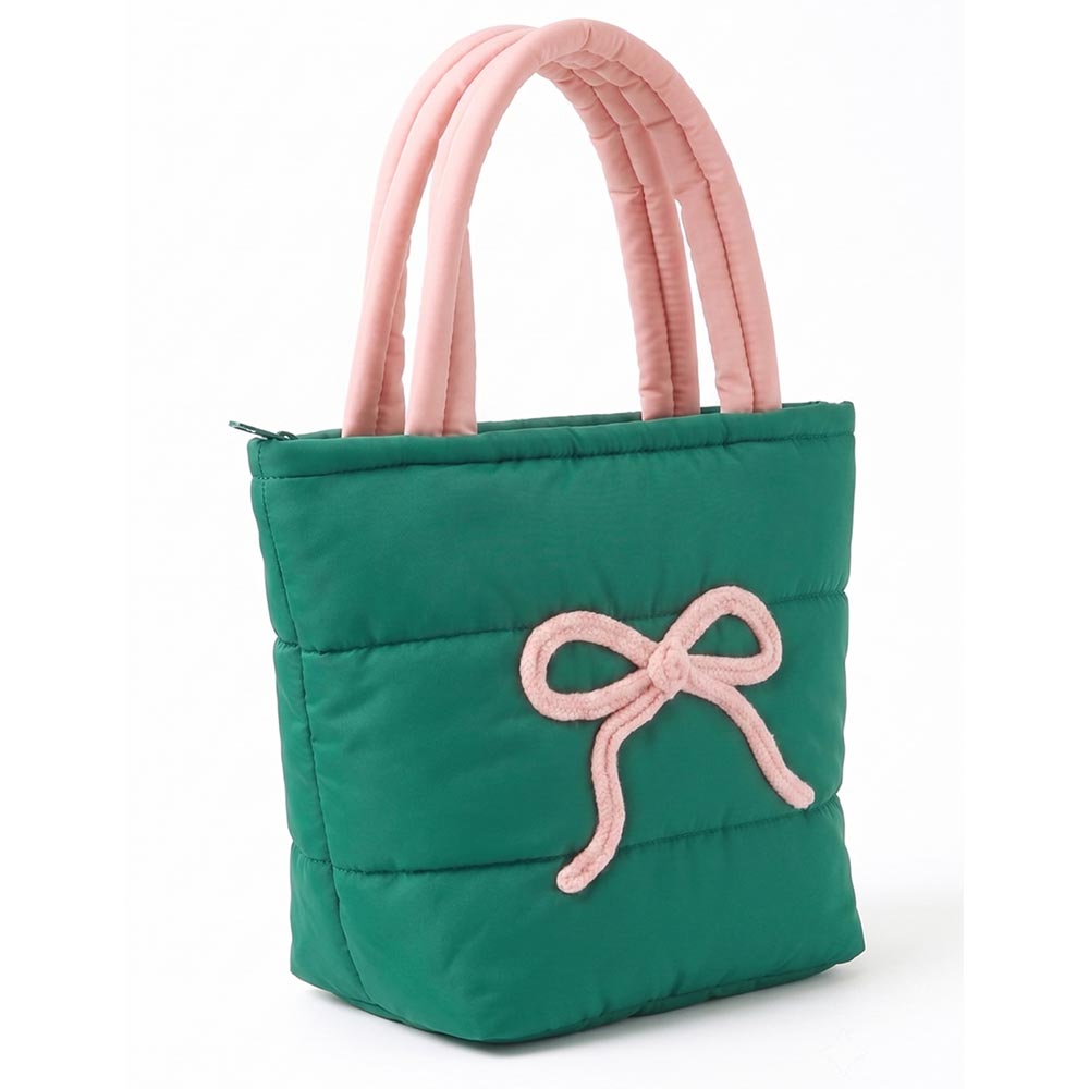Pink & Green Bow Embroidery Accent Quilted Shoulder Tote Bag M H W ACCESSORIES LLC Pink & Green Bow Embroidery Accent Quilted Shoulder Tote Bag