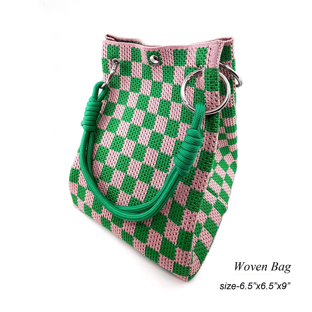 Checkered Woven Pink & Green Fabric Top Handle Bucket Handbag M H W ACCESSORIES LLC Checkered Woven Pink & Green Fabric Top Handle Bucket Handbag